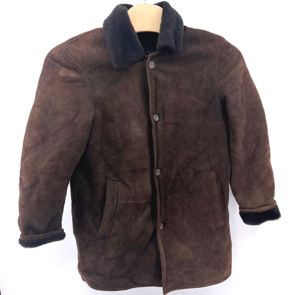 Saks Fifth Avenue Mens L Shearling Coat Brown Suede Leather Jacket Made in Italy - Picture 2 of 10